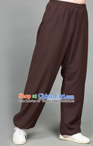 Traditional Chinese Top Flax Kung Fu Costume Martial Arts Kung Fu Training Brown Pants, Tang Suit Gongfu Shaolin Wushu Clothing Tai Chi Taiji Teacher Trousers for Men