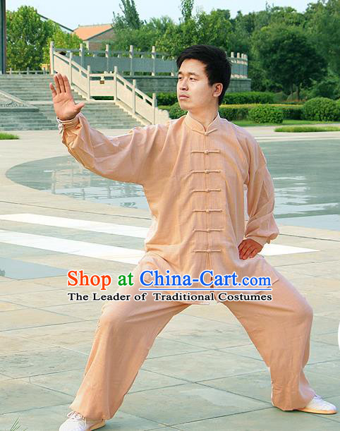 Traditional Chinese Top Linen Kung Fu Costume Martial Arts Kung Fu Training Light Brown Uniform, Tang Suit Gongfu Shaolin Wushu Clothing, Tai Chi Taiji Teacher Suits Uniforms for Men