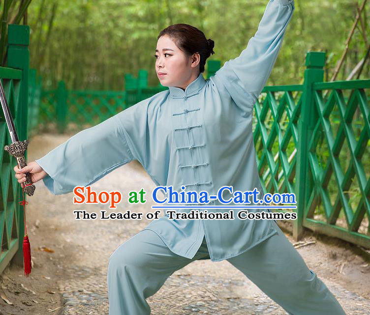 Traditional Chinese Top Silk Cotton Kung Fu Costume Martial Arts Kung Fu Training Long Sleeve Blue Uniform, Tang Suit Gongfu Shaolin Wushu Clothing, Tai Chi Taiji Teacher Suits Uniforms for Women