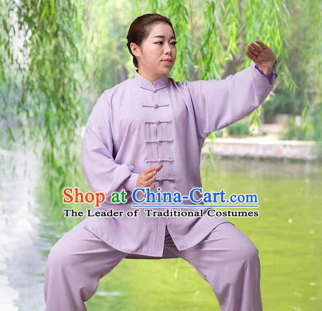 Traditional Chinese Top Silk Cotton Kung Fu Costume Martial Arts Kung Fu Training Long Sleeve Purple Uniform, Tang Suit Gongfu Shaolin Wushu Clothing, Tai Chi Taiji Teacher Suits Uniforms for Women