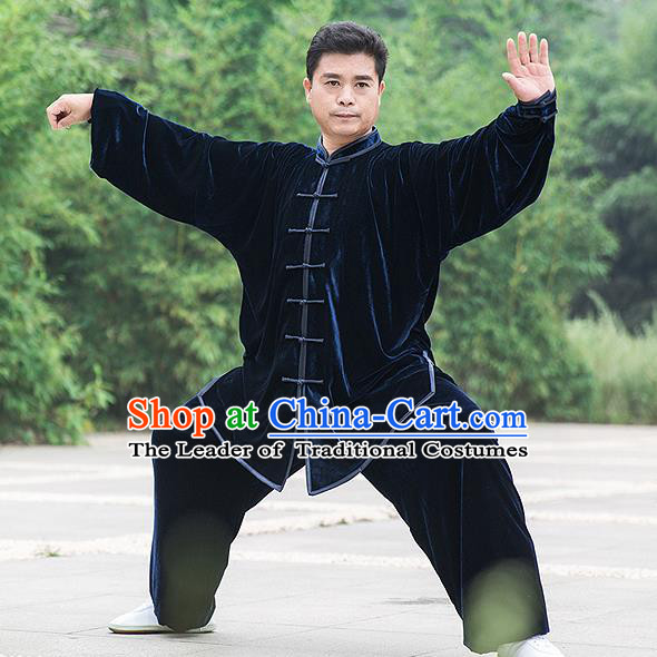 Traditional Chinese Top Pleuche Kung Fu Costume Martial Arts Kung Fu Training Navy Uniform, Tang Suit Gongfu Shaolin Wushu Clothing, Tai Chi Taiji Teacher Suits Uniforms for Men