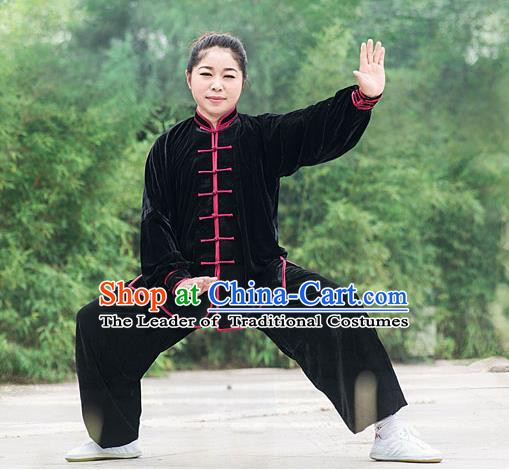 Traditional Chinese Top Pleuche Kung Fu Costume Martial Arts Kung Fu Training Black Plated Buttons Uniform, Tang Suit Gongfu Shaolin Wushu Clothing, Tai Chi Taiji Teacher Suits Uniforms for Women