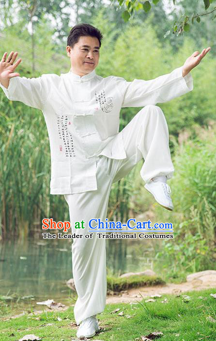 Traditional Chinese Top Linen Kung Fu Costume Martial Arts Kung Fu Training Long Sleeve Plated Buttons White Uniform, Tang Suit Gongfu Shaolin Wushu Clothing, Tai Chi Taiji Teacher Suits Uniforms for Men