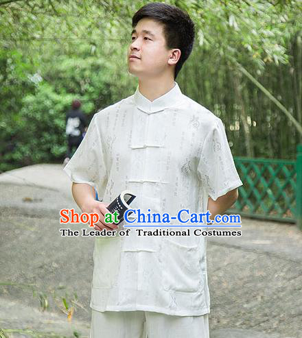 Traditional Chinese Top Linen Kung Fu Costume Martial Arts Kung Fu Training Short Sleeve Plated Buttons White Printing Uniform, Tang Suit Gongfu Shaolin Wushu Clothing, Tai Chi Taiji Teacher Suits Uniforms for Men