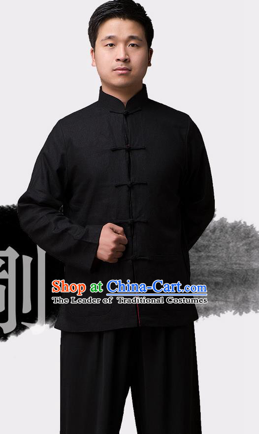 Traditional Chinese Top Linen Kung Fu Costume Martial Arts Kung Fu Training Plated Buttons Black Blouse, Tang Suit Gongfu Shaolin Wushu Clothing, Tai Chi Taiji Teacher Coat for Men