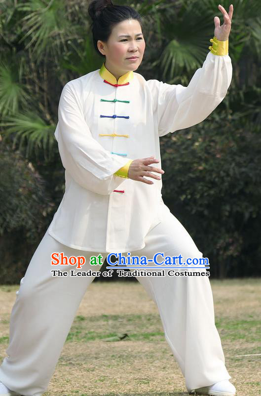 Traditional Chinese Top Silk Cotton Kung Fu Costume Martial Arts Kung Fu Training Colorful Plated Buttons White Uniform, Tang Suit Gongfu Shaolin Wushu Clothing, Tai Chi Taiji Teacher Suits Uniforms for Women