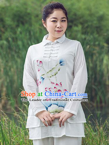 Traditional Chinese Top Linen Kung Fu Costume Martial Arts Kung Fu Training Plated Buttons Freehand Sketching Lotus Uniform, Tang Suit Gongfu Shaolin Wushu Clothing, Tai Chi Taiji Teacher Suits Uniforms for Women