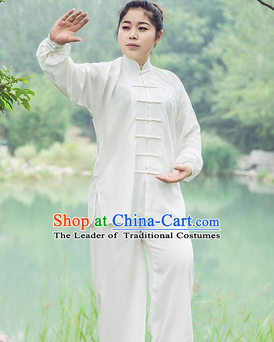 Traditional Chinese Top Linen Kung Fu Costume Martial Arts Kung Fu Training White Uniform, Tang Suit Gongfu Shaolin Wushu Clothing, Tai Chi Taiji Teacher Suits Uniforms for Women