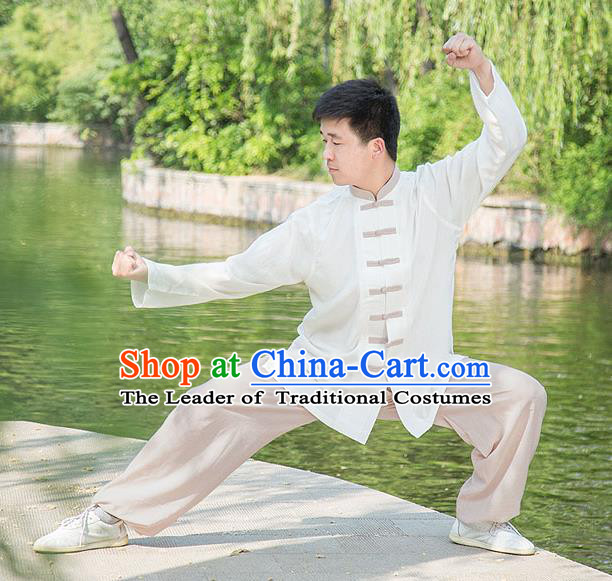 Traditional Chinese Top Linen Kung Fu Costume Martial Arts Kung Fu Training White Uniform, Tang Suit Gongfu Shaolin Wushu Clothing, Tai Chi Taiji Teacher Suits Uniforms for Men