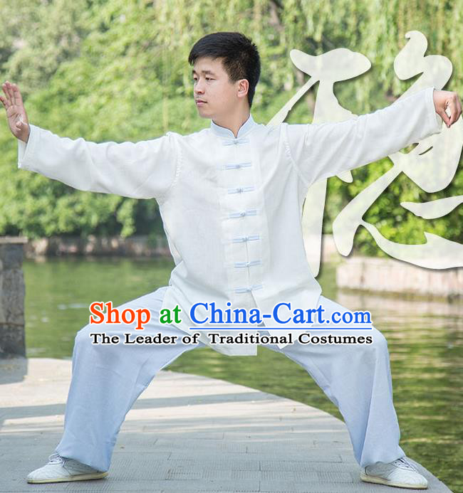 Traditional Chinese Top Linen Kung Fu Costume Martial Arts Kung Fu Training White Uniform, Tang Suit Gongfu Shaolin Wushu Clothing, Tai Chi Taiji Teacher Suits Uniforms for Men