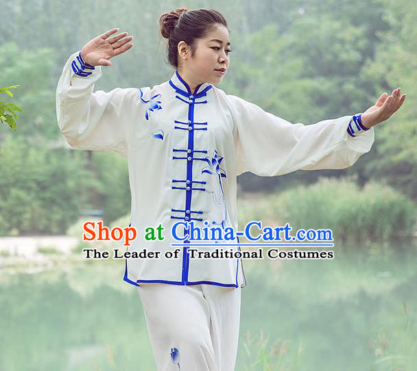 Traditional Chinese Top Gastrodia Kung Fu Costume Martial Arts Kung Fu Training Plated Buttons Blue and White Lotus Uniform, Tang Suit Gongfu Shaolin Wushu Clothing, Tai Chi Taiji Teacher Suits Uniforms for Women