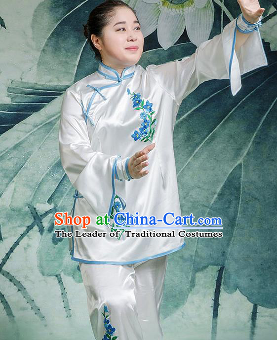 Traditional Chinese Top Stretch Silk Kung Fu Costume Martial Arts Kung Fu Training Embroidery Blue Orchid Uniform, Tang Suit Gongfu Shaolin Wushu Clothing, Tai Chi Taiji Teacher Suits Uniforms for Women