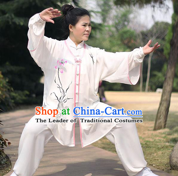 Traditional Chinese Top Chiffon Kung Fu Costume Martial Arts Kung Fu Training Printing Lotus Marble Uniform, Tang Suit Gongfu Shaolin Wushu Clothing, Tai Chi Taiji Teacher Suits Uniforms for Women