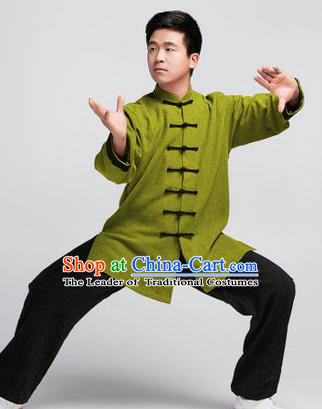 Traditional Chinese Top Muscle Hemp Kung Fu Costume Martial Arts Kung Fu Training Green Uniform, Tang Suit Gongfu Shaolin Wushu Clothing, Tai Chi Taiji Teacher Suits Uniforms for Men