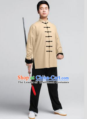 Traditional Chinese Top Muscle Hemp Kung Fu Costume Martial Arts Kung Fu Training Wheat Uniform, Tang Suit Gongfu Shaolin Wushu Clothing, Tai Chi Taiji Teacher Suits Uniforms for Men