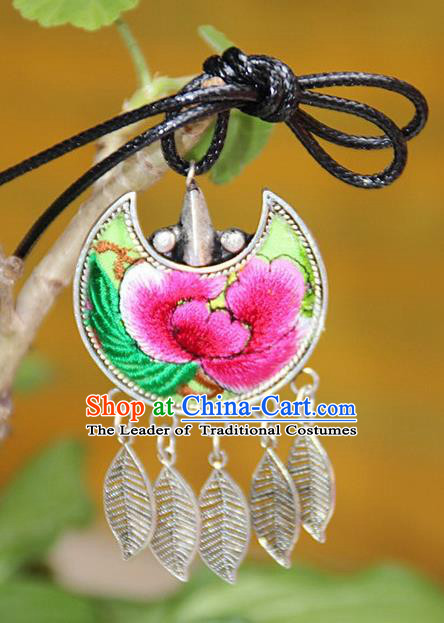 Traditional Chinese Miao Nationality Crafts, Hmong Handmade Silver Embroidery Pendant, Necklace Accessories Bells Pendant for Women