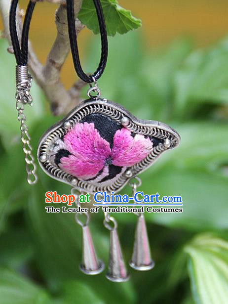 Traditional Chinese Miao Nationality Crafts Hmong Handmade Silver Embroidery Pendant, Ethnic Minority Miao Necklace Accessories Bells Pendant for Women