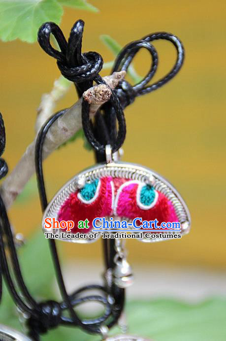 Traditional Chinese Miao Nationality Crafts, Hmong Handmade Miao Silver Embroidery Fish Pendant, Miao Ethnic Minority Necklace Accessories Bell Pendant for Women