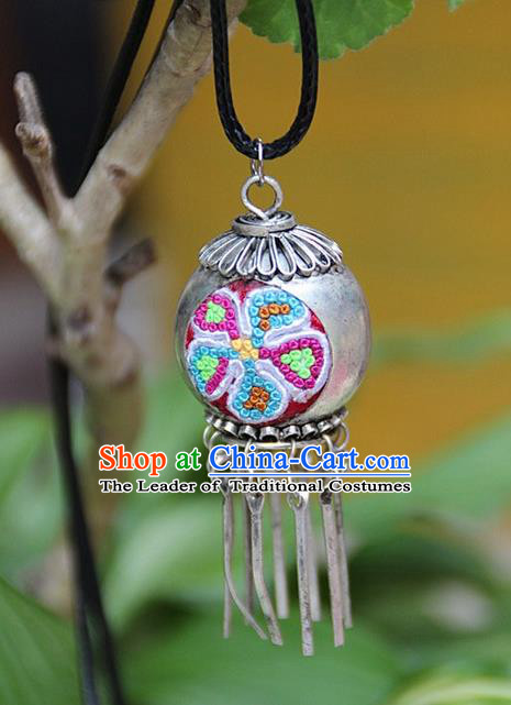 Traditional Chinese Miao Nationality Crafts, Hmong Handmade Miao Silver Embroidery Spherical Pendant, Miao Ethnic Minority Necklace Accessories Bells Pendant for Women