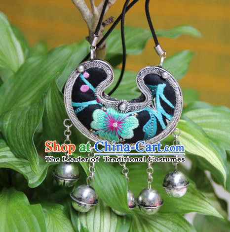 Traditional Chinese Miao Nationality Crafts, Hmong Handmade Miao Silver Embroidery Tassel Pendant, Miao Ethnic Minority Necklace Accessories Bells Pendant for Women