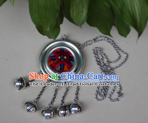 Traditional Chinese Miao Nationality Crafts, Hmong Handmade Miao Silver Embroidery Round Bells Tassel Pendant, Miao Ethnic Minority Necklace Accessories Bells Pendant for Women