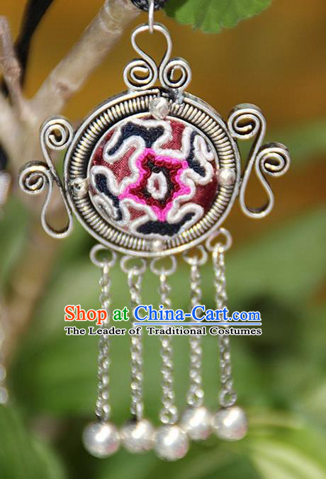 Traditional Chinese Miao Nationality Crafts, Hmong Handmade Miao Silver Embroidery Bells Tassel Pendant, Miao Ethnic Minority Necklace Accessories Bells Pendant for Women