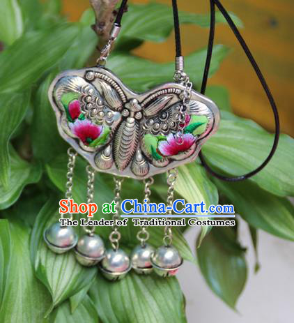 Traditional Chinese Miao Nationality Crafts, Hmong Handmade Miao Silver Embroidery Bells Butterfly Tassel Pendant, Miao Ethnic Minority Necklace Accessories Bells Pendant for Women