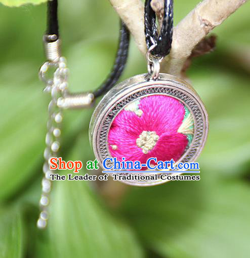 Traditional Chinese Miao Nationality Crafts, Hmong Handmade Miao Silver Embroidery Flowers Round Pendant, Miao Ethnic Minority Black Rope Necklace Accessories Pendant for Women