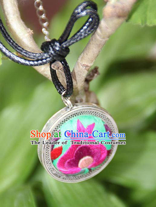 Traditional Chinese Miao Nationality Crafts, Hmong Handmade Miao Silver Embroidery Flowers Round Pendant, Miao Ethnic Minority Black Rope Necklace Accessories Pendant for Women