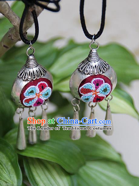 Traditional Chinese Miao Nationality Crafts, Hmong Handmade Miao Silver Embroidery Flowers Earrings, Miao Ethnic Minority Eardrop Accessories Ear Bells Pendant for Women