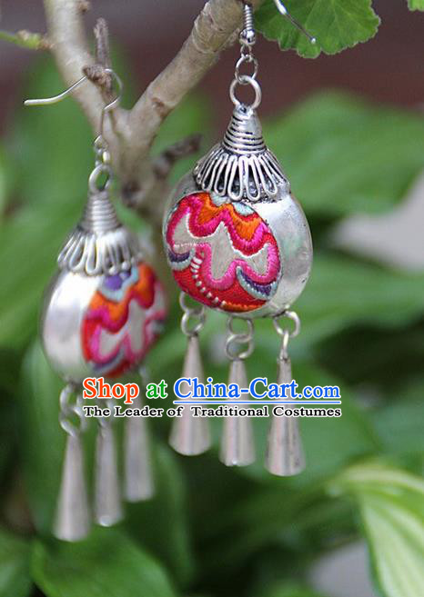 Traditional Chinese Miao Nationality Crafts, Hmong Handmade Miao Silver Embroidery Flowers Earrings, Miao Ethnic Minority Eardrop Accessories Ear Bells Pendant for Women