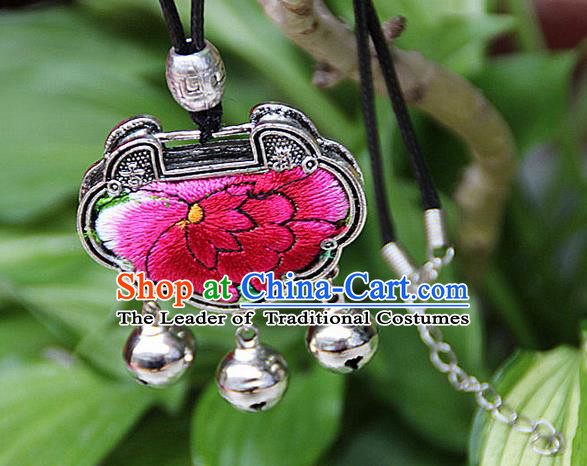 Traditional Chinese Miao Nationality Crafts, Hmong Handmade Miao Silver Embroidery Long Life Lock Bells Tassel Pendant, Miao Ethnic Minority Necklace Accessories Bells Pendant for Women