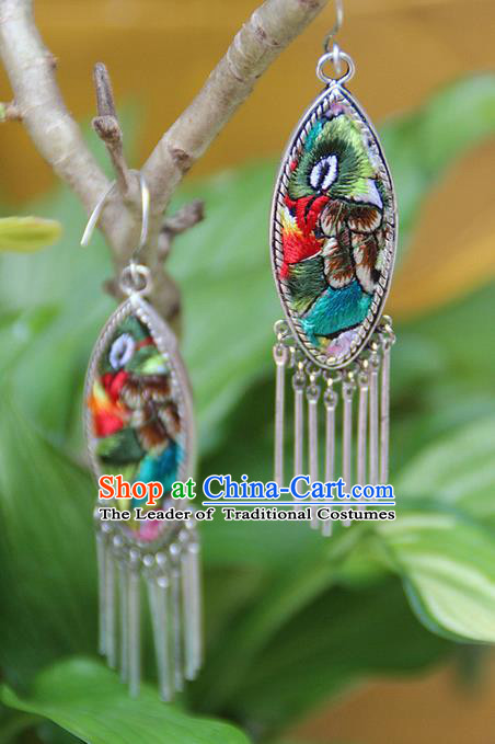 Traditional Chinese Miao Nationality Crafts, Hmong Handmade Miao Silver Embroidery Flowers Tassel Earrings, Miao Ethnic Minority Eardrop Accessories Ear Pendant for Women