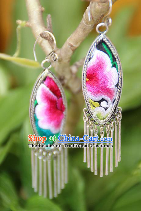 Traditional Chinese Miao Nationality Crafts, Hmong Handmade Miao Silver Embroidery Flowers Tassel Earrings, Miao Ethnic Minority Eardrop Accessories Ear Pendant for Women