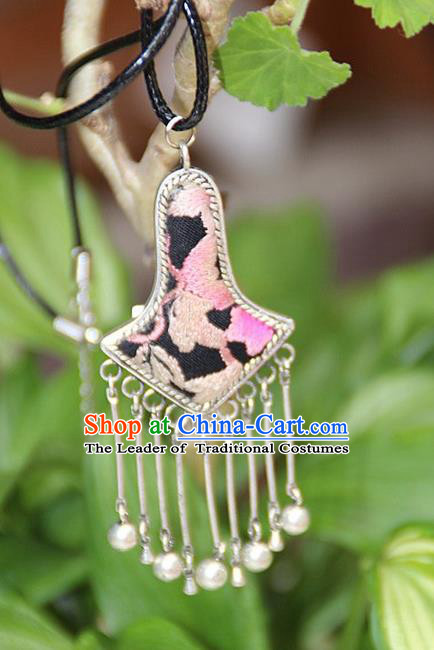 Traditional Chinese Miao Nationality Crafts, Hmong Handmade Miao Silver Embroidery Bells Tassel Pendant, Miao Ethnic Minority Black Rope Necklace Accessories Bells Pendant for Women