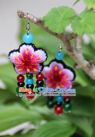 Traditional Chinese Miao Nationality Crafts, Hmong Handmade Embroidery Beads Tassel Earrings, Miao Ethnic Minority Eardrop Accessories Ear Pendant for Women