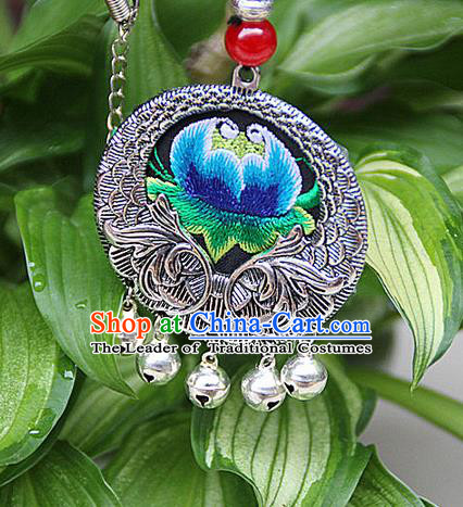 Traditional Chinese Miao Nationality Crafts, Hmong Handmade Miao Silver Embroidery Flowers Pendant, Miao Ethnic Minority Black Rope Necklace Accessories Pendant for Women