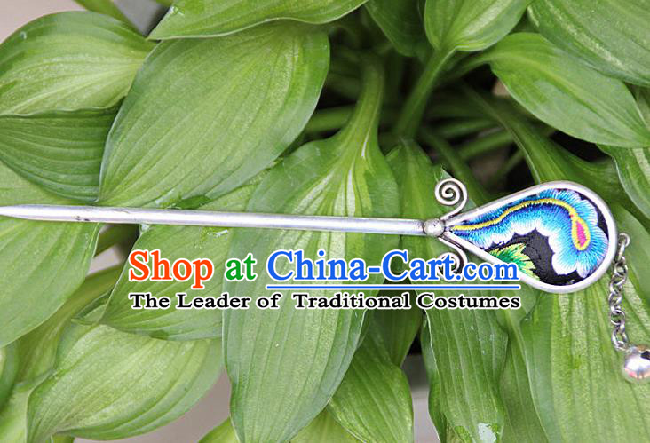 Traditional Chinese Miao Nationality Crafts Jewelry Accessory, Hmong Handmade Blue Embroidery Miao Silver Hairpin, Miao Ethnic Minority Bells Hair Fascinators Hairpins for Women