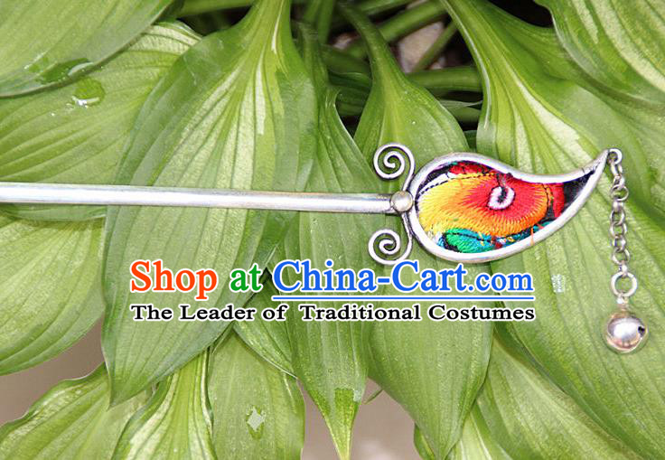 Traditional Chinese Miao Nationality Crafts Jewelry Accessory, Hmong Handmade Embroidery Miao Silver Hairpin, Miao Ethnic Minority Bells Hair Fascinators Hairpins for Women