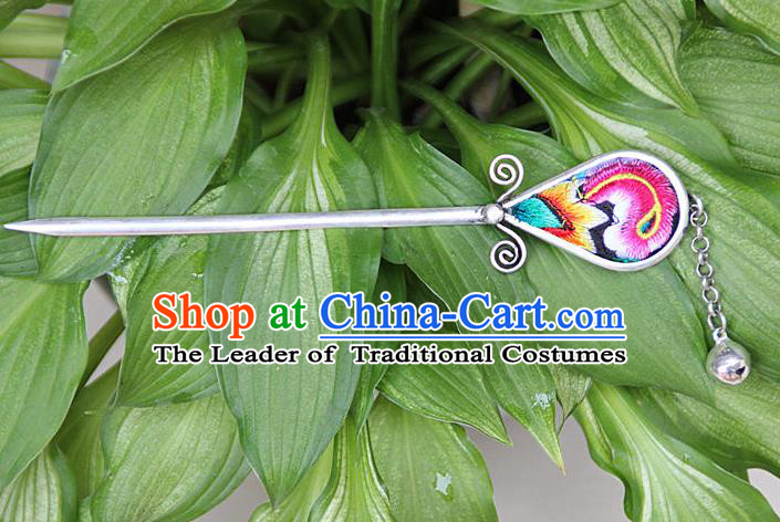 Traditional Chinese Miao Nationality Crafts Jewelry Accessory, Hmong Handmade Embroidery Miao Silver Hairpin, Miao Ethnic Minority Bells Hair Fascinators Hairpins for Women