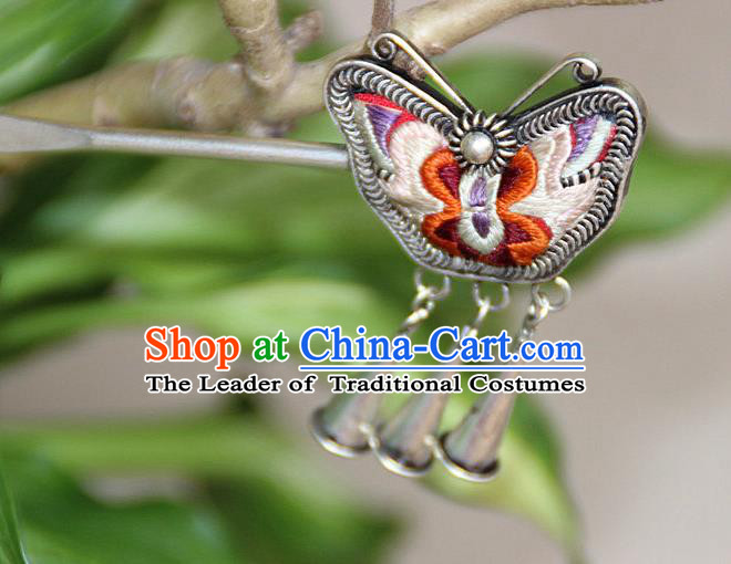 Traditional Chinese Miao Nationality Crafts Jewelry Accessory, Hmong Handmade Embroidery Miao Silver Butterfly Hairpin, Miao Ethnic Minority Bells Hair Fascinators Hairpins for Women