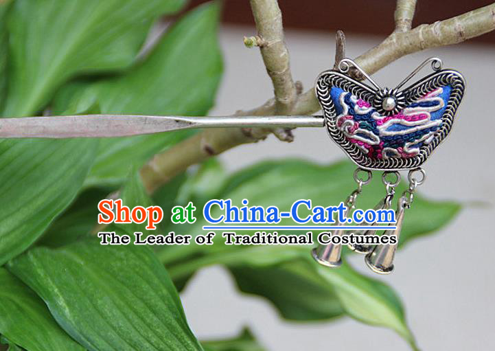 Traditional Chinese Miao Nationality Crafts Jewelry Accessory, Hmong Handmade Embroidery Miao Silver Butterfly Hairpin, Miao Ethnic Minority Bells Hair Fascinators Hairpins for Women