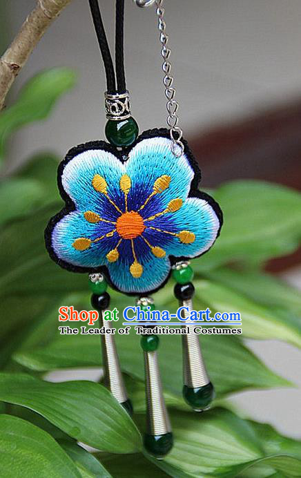 Traditional Chinese Miao Nationality Crafts Jewelry Accessory, Hmong Handmade Miao Silver Embroidery Blue Flowers Green Beads Tassel Pendant, Miao Ethnic Minority Necklace Accessories Pendant for Women
