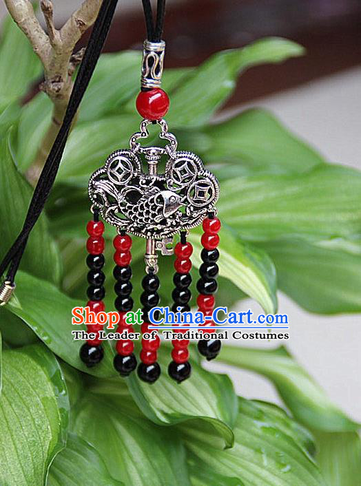 Traditional Chinese Miao Nationality Crafts Jewelry Accessory, Hmong Handmade Miao Silver Beads Tassel Longevity Lock Pendant, Miao Ethnic Minority Necklace Accessories Sweater Chain Pendant for Women