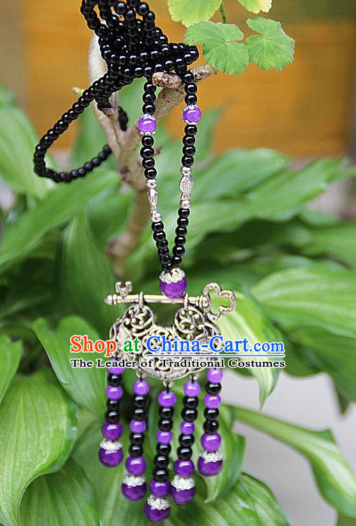 Traditional Chinese Miao Nationality Crafts Jewelry Accessory, Hmong Handmade Miao Silver Beads Tassel Chinese Knot Longevity Lock Pendant, Miao Ethnic Minority Necklace Accessories Sweater Chain Pendant for Women