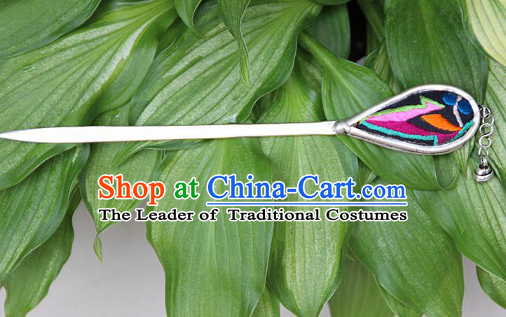 Traditional Chinese Miao Nationality Crafts Jewelry Accessory, Hmong Handmade Embroidery Hairpin, Miao Ethnic Minority Hair Fascinators Hairpins for Women