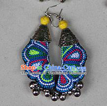 Traditional Chinese Miao Nationality Crafts Jewelry Accessory, Hmong Handmade Embroidery Bells Earrings, Miao Ethnic Minority Eardrop Accessories Ear Pendant for Women