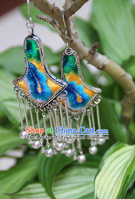 Traditional Chinese Miao Nationality Crafts Jewelry Accessory, Hmong Handmade Embroidery Miao Silver Bells Tassel Earrings, Miao Ethnic Minority Eardrop Accessories Ear Pendant for Women