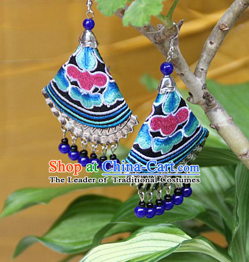 Traditional Chinese Miao Nationality Crafts Jewelry Accessory, Hmong Handmade Embroidery Beads Earrings, Miao Ethnic Minority Eardrop Accessories Ear Pendant for Women