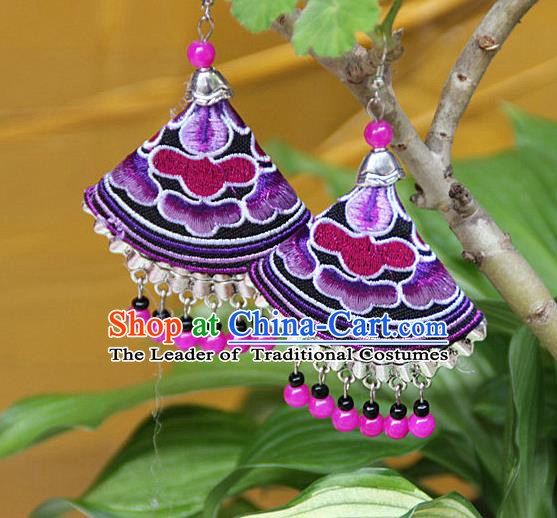 Traditional Chinese Miao Nationality Crafts Jewelry Accessory, Hmong Handmade Embroidery Beads Earrings, Miao Ethnic Minority Eardrop Accessories Ear Pendant for Women